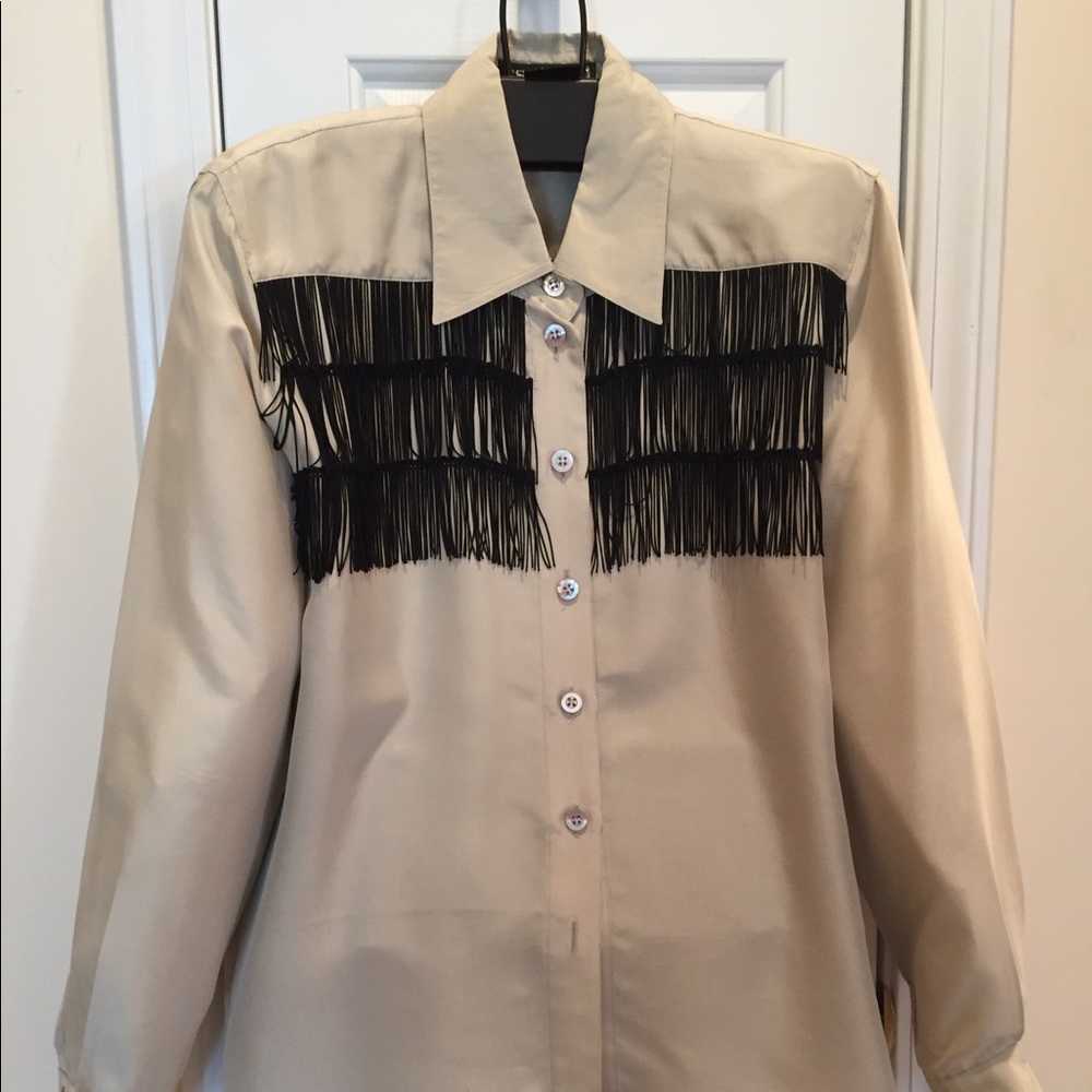 Escada SILK Beige Fringe Button-Up Top Size 12